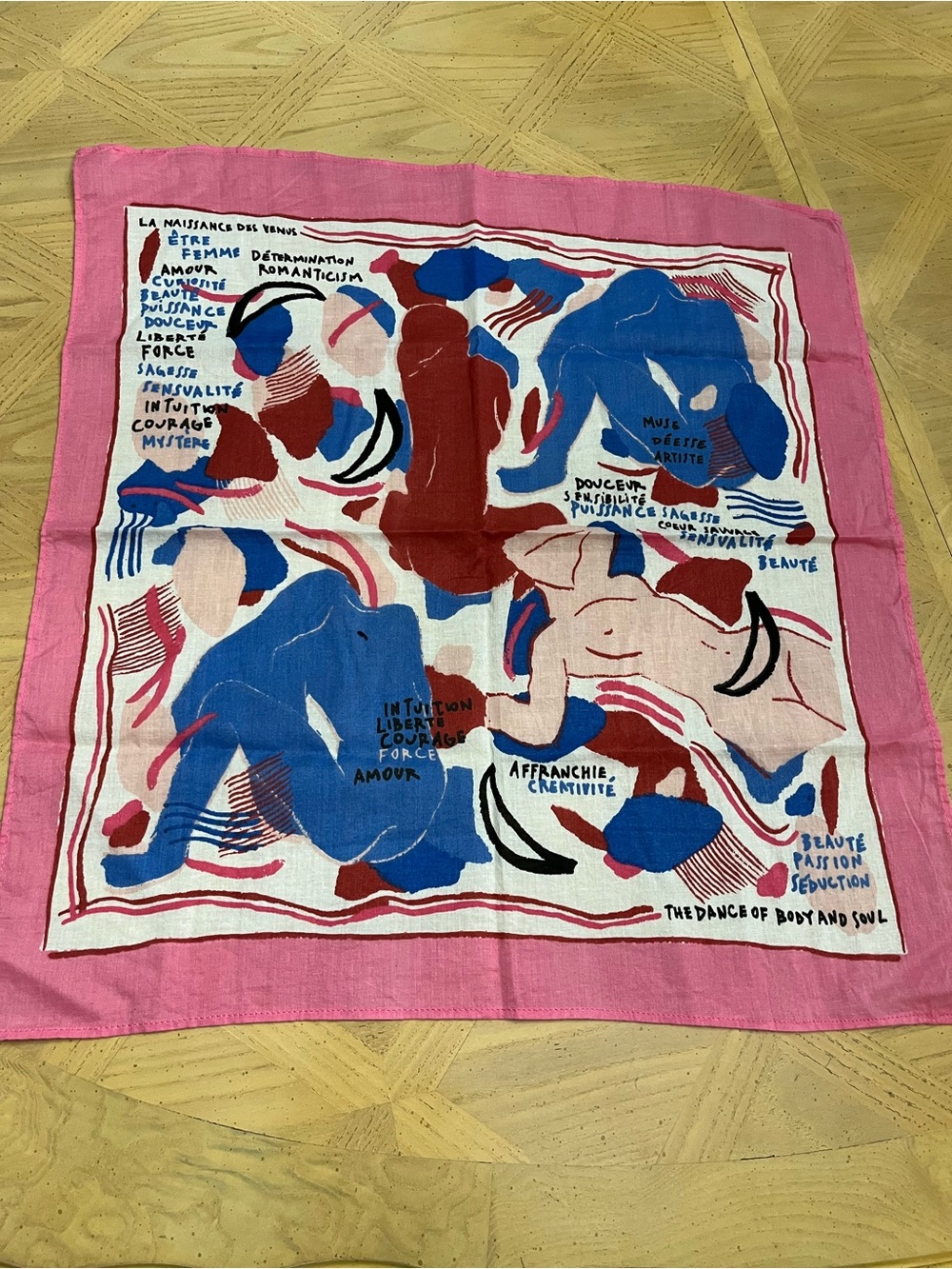 Sezane “The Dance of Body and Soul” Pink, Blue Cotton Abstract Scarf